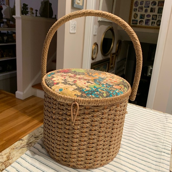 Vintage Woven Basket with Floral Lid